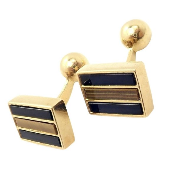 Rare Vintage Tiffany & Co. 18k Yellow Gold Classic Onyx Tiger Eye Cufflinks - Picture 12 of 12